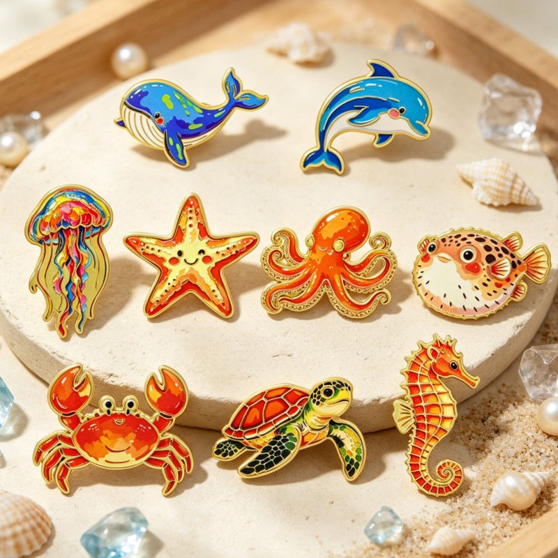 Lapel Pin Enamel - Broche en émail animaux marins vibrants,